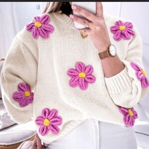 Floral Knit Sweater - Cream with Pink Accents